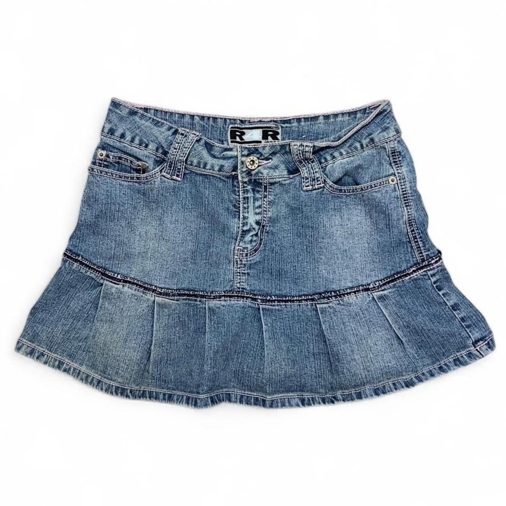 Vintage Y2K Pink Trim Denim Mini Skirt‎ Size 5 Grunge Pleated